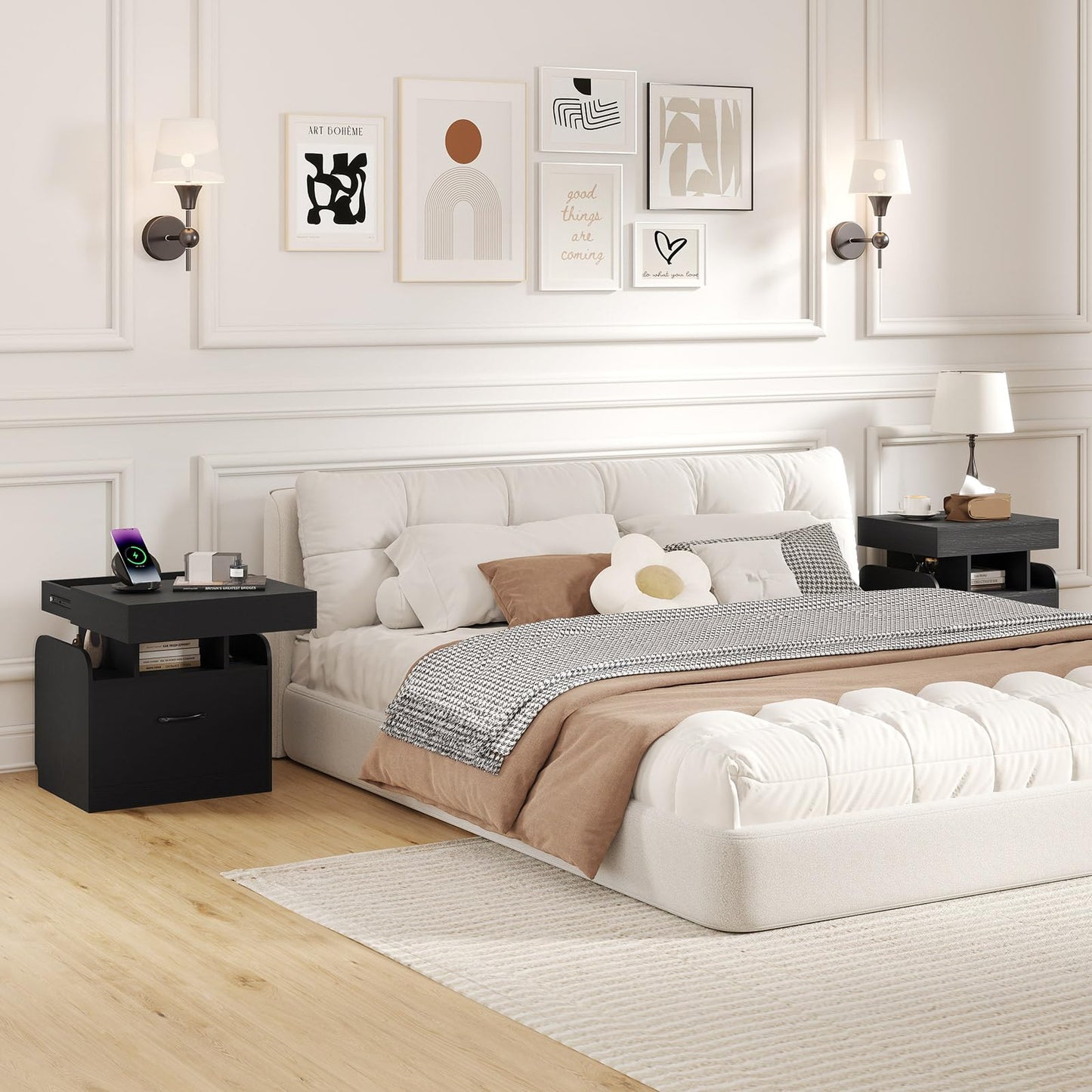 Nightstand with Charging Station with Drawer and Sliding Top Storage