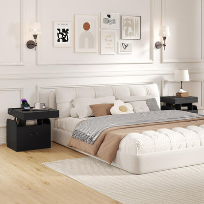 Nightstand with Charging Station with Drawer and Sliding Top Storage