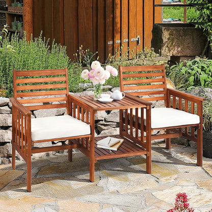 2-Seater Garden Loveseat, Wooden Bench Seat with 2 Tier Coffee Table and Umbrella Hole