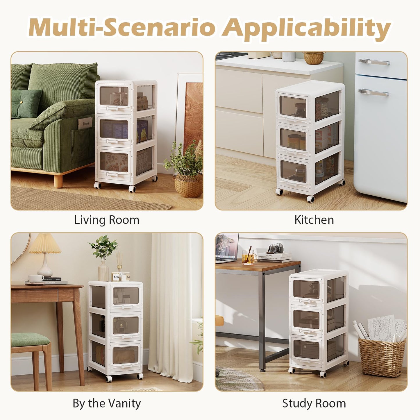 Slim Bathroom Floor Cabinet with 3/4/5 Drawers on Wheels (3-Tier) | Narrow Bathroom Storage Unit