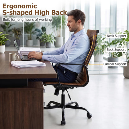 Ribbed Office Chair High Back PU Leather for Home Office with Adjustable Height