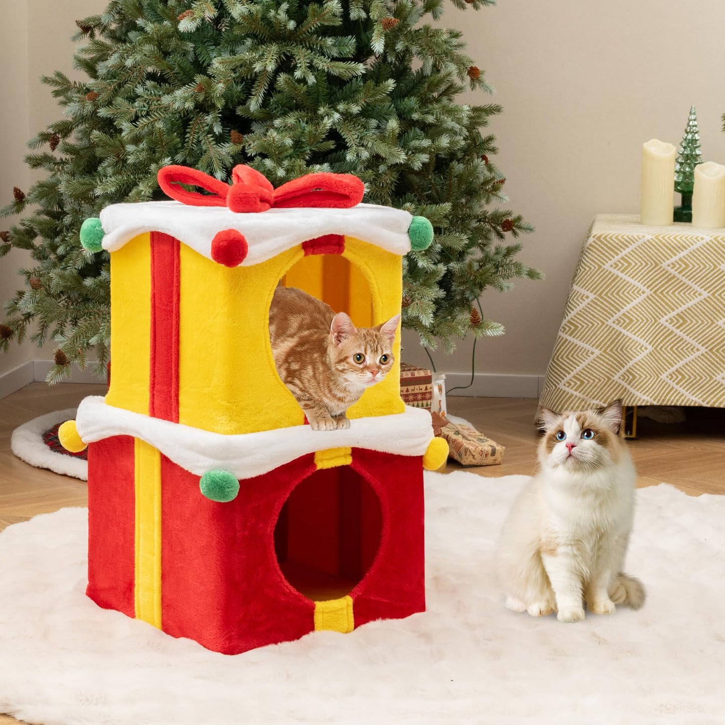 Indoor 2-Storey Cute Christmas Cat House with Bow