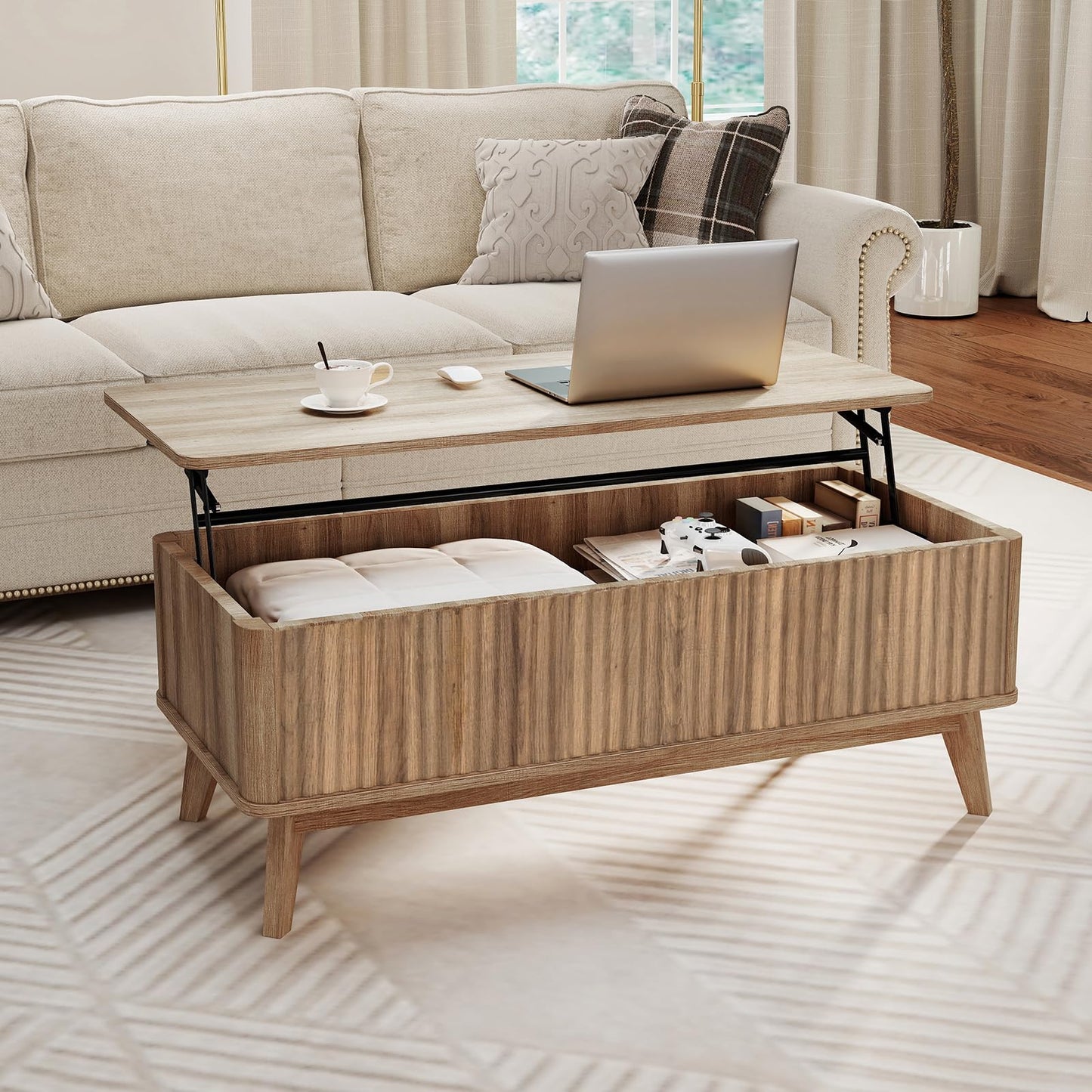 Lift Up Top Coffee Table, 110cm Rectangle Lifting Cocktail Center Table Unit