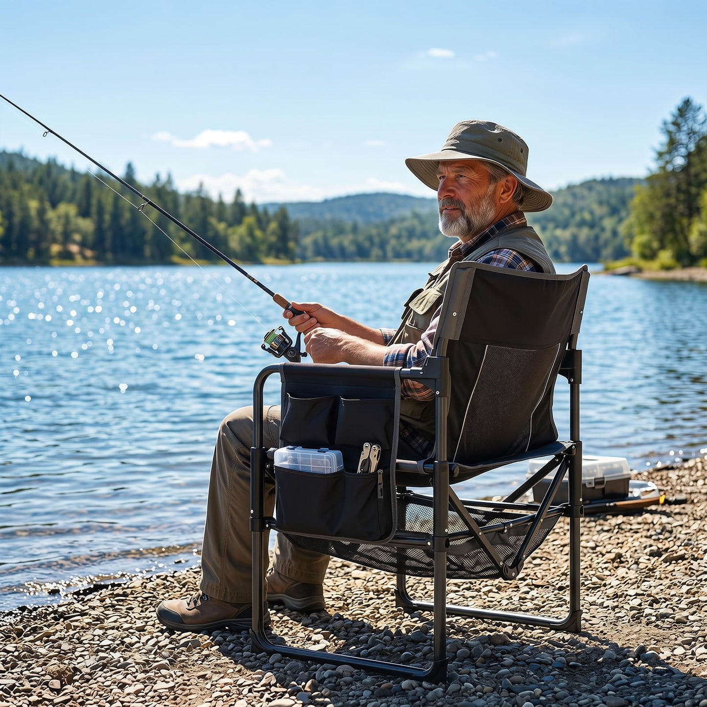 Folding Directors Chair, Oversized Camping Chairs (Black+Gray) | Cup Holder, Side Pocket, Bottle Opener