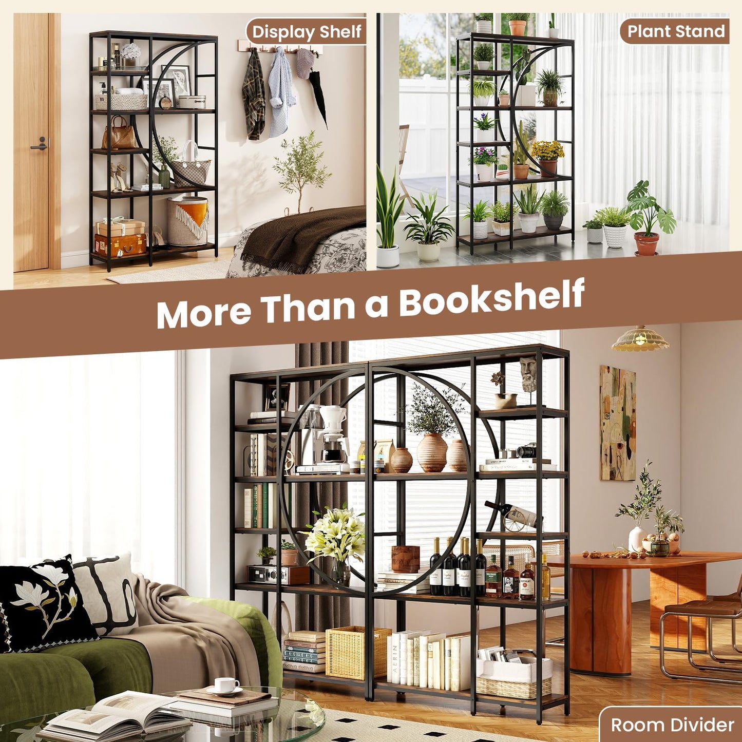 6-Tier Industrial Etagere Bookshelf with Open Storage Shelves and Arc-Shaped Design