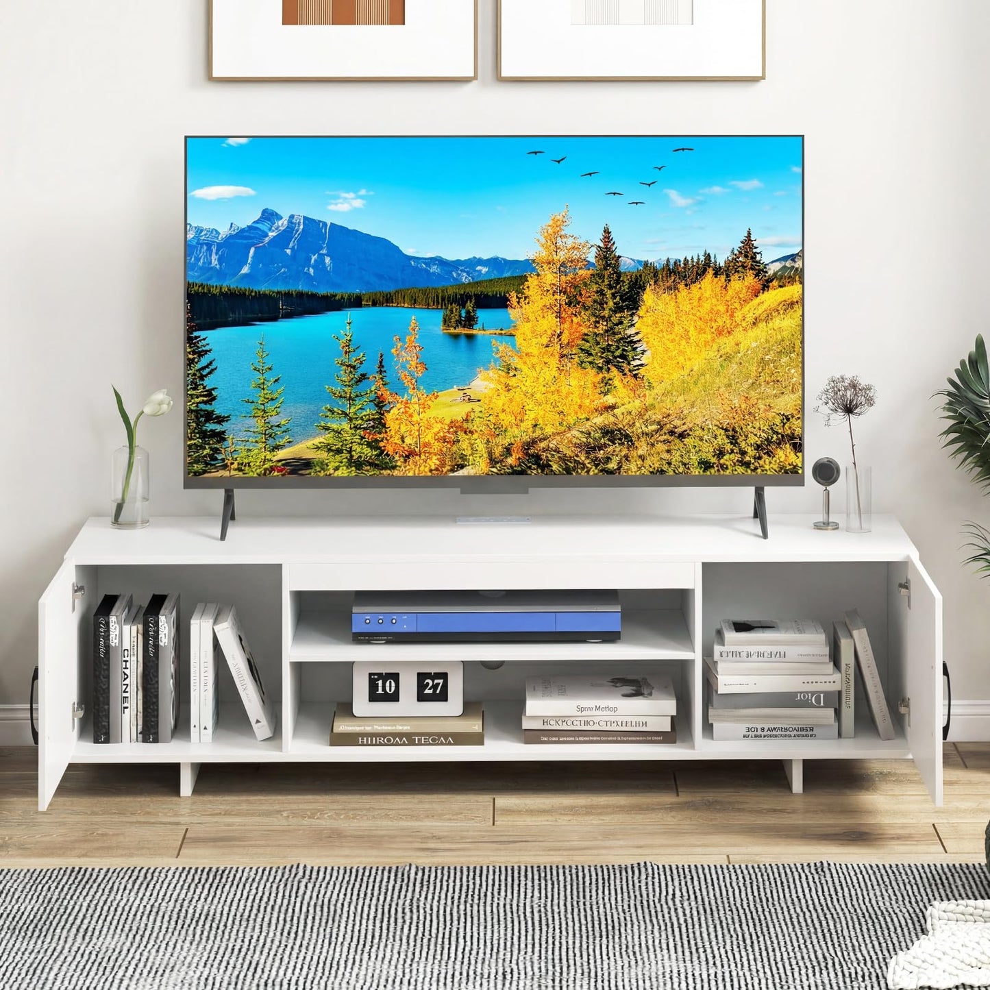 TV Stand for TVs up to 70 Inches with Power Outlet and 2 Cable Holes