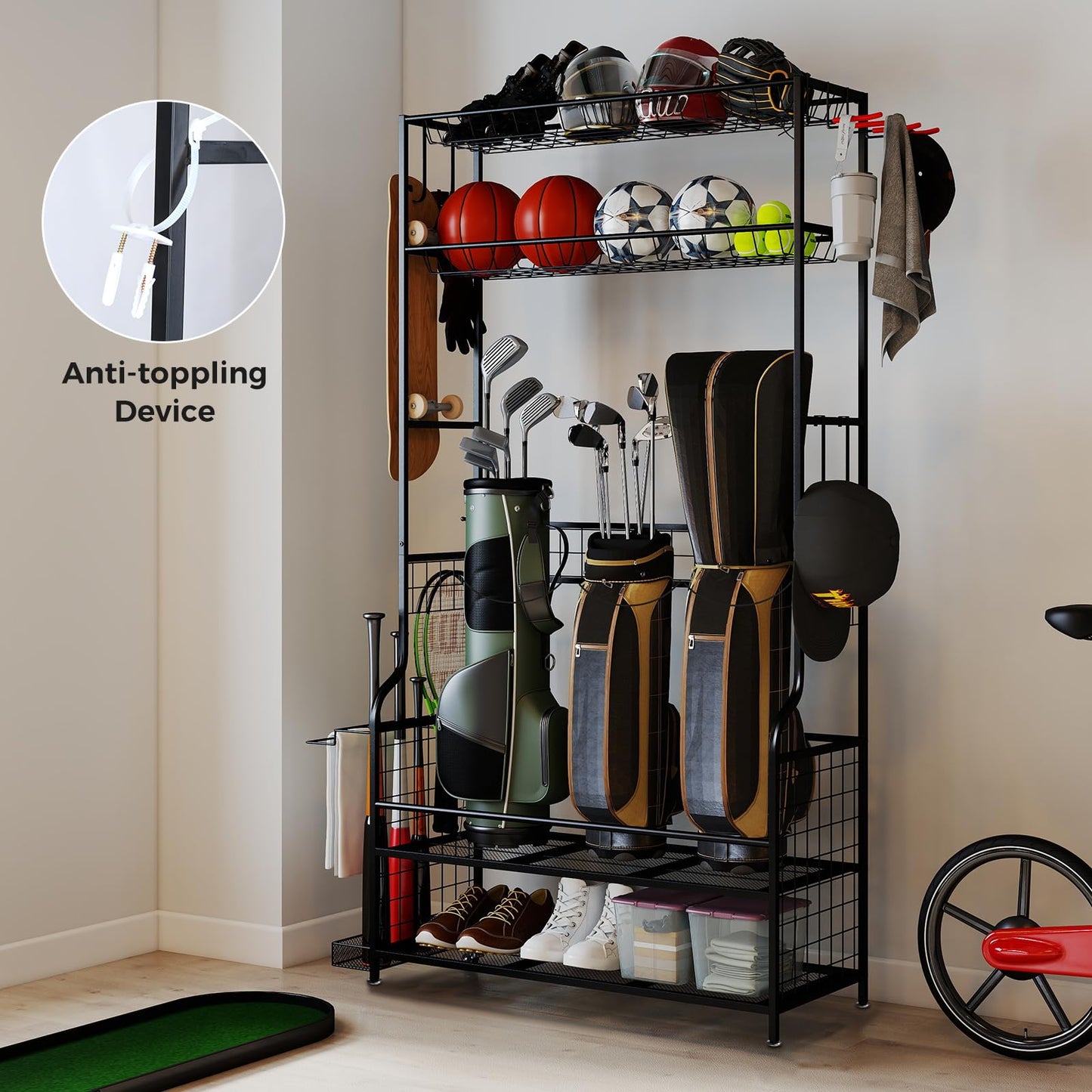 3 Golf Bags Storage Garage Organizer with Wheels 4 Hooks