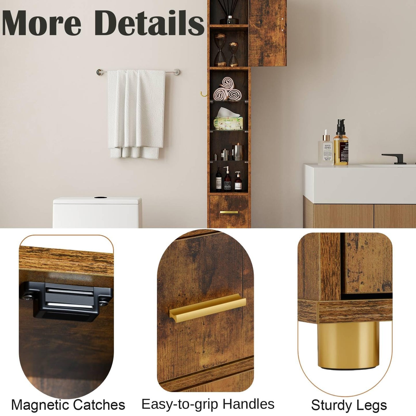 180 cm Tall Bathroom Cabinet Narrow Storage Organizer with 3 Doors and Adjustable Shelves