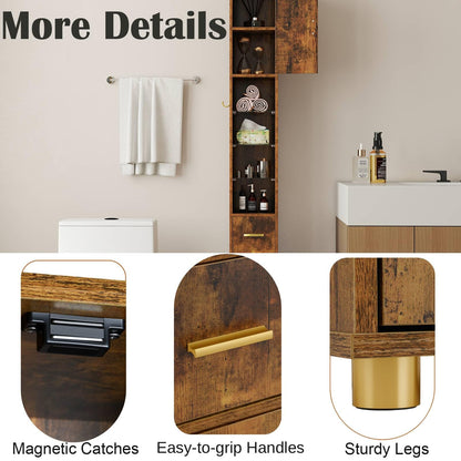 180 cm Tall Bathroom Cabinet Narrow Storage Organizer with 3 Doors and Adjustable Shelves