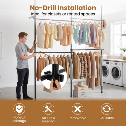 Adjustable Floor to Ceiling Clothes Rack with 2 Hanging Rods Folding Drying Rack and Reacher Pole