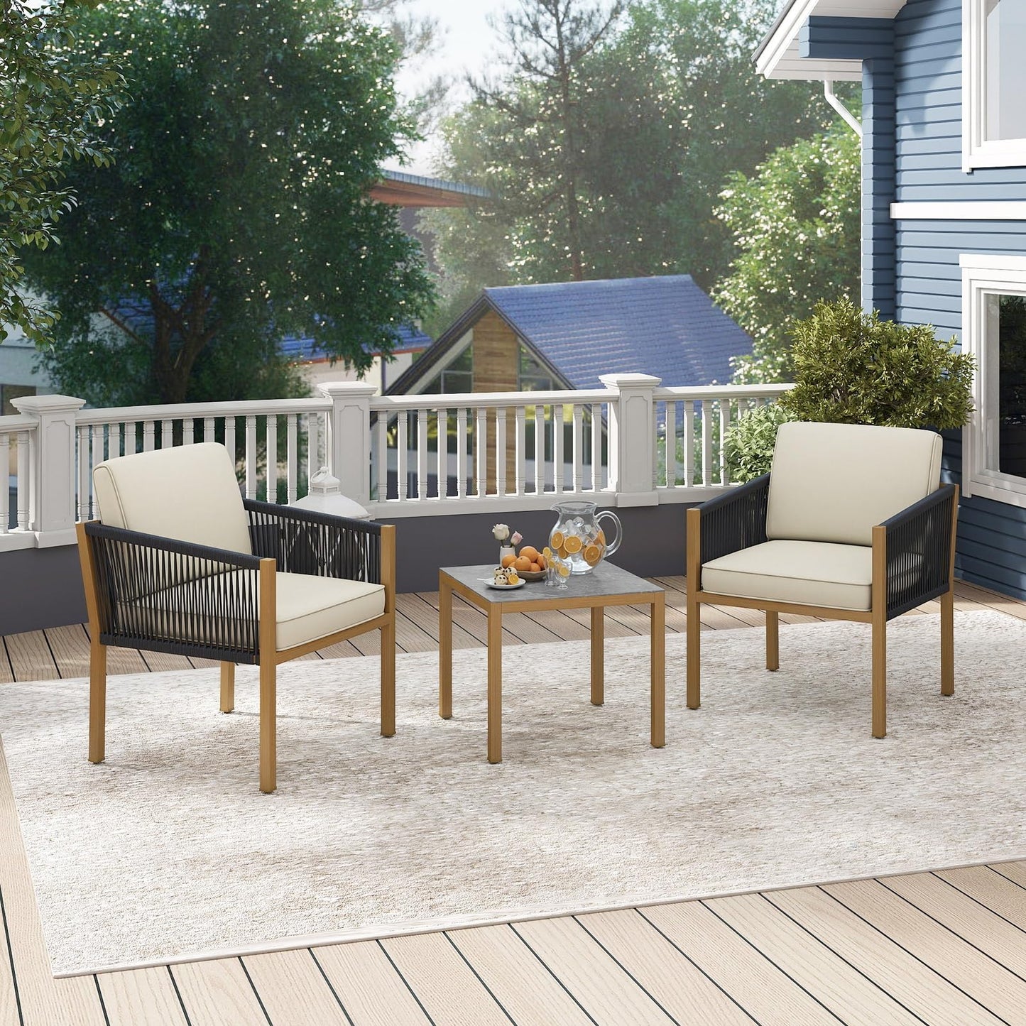 3PCS Patio Bistro Set, Woven Rope Outdoor Conversation Set with Cushions