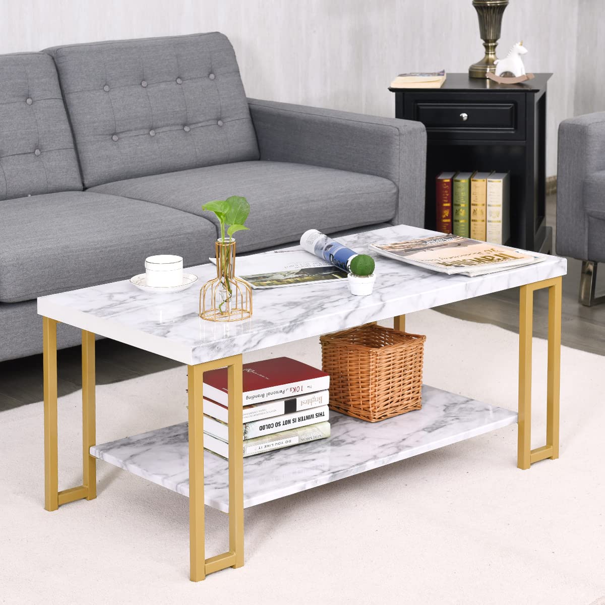 Marble Effect Cocktail Center Table with Storage Shelf