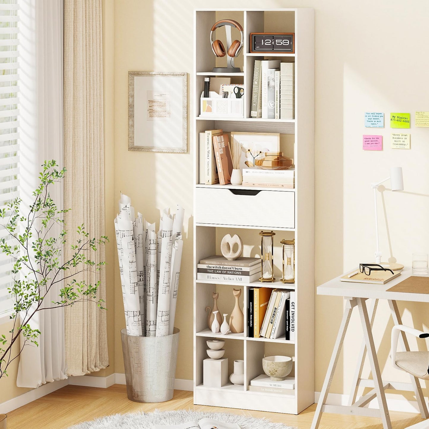 Tall Bookcase with Drawer, Open Cubes and Anti-toppling Kits, Floor Display Rack Storage Organizer