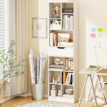 Tall Bookcase with Drawer, Open Cubes and Anti-toppling Kits, Floor Display Rack Storage Organizer