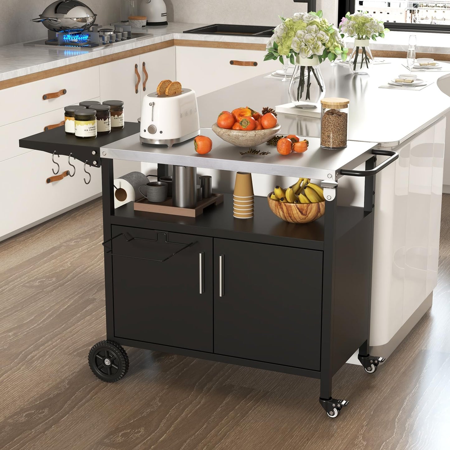 84cm Garden Serving Trolley with Folding Stainless Steel Top