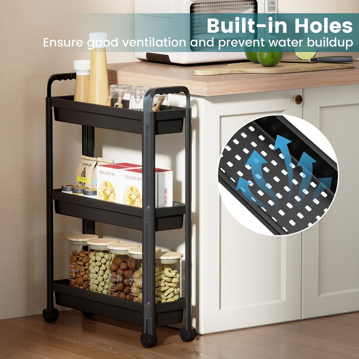 Slim Rolling Storage Cart 3/4-Tier Bathroom Organizer with Handles and Wheels