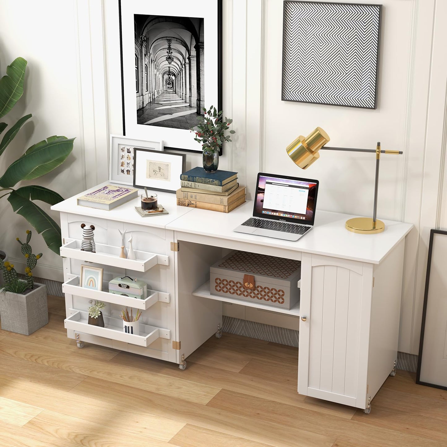 Rolling Folding Sewing Table with Storage Shelves