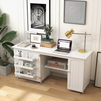 Rolling Folding Sewing Table with Storage Shelves