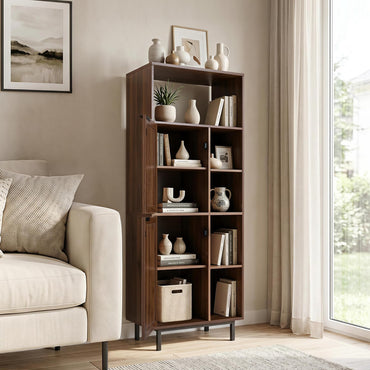 120 cm Storage Cabinet with 2 Rattan Doors & 5 Compartments