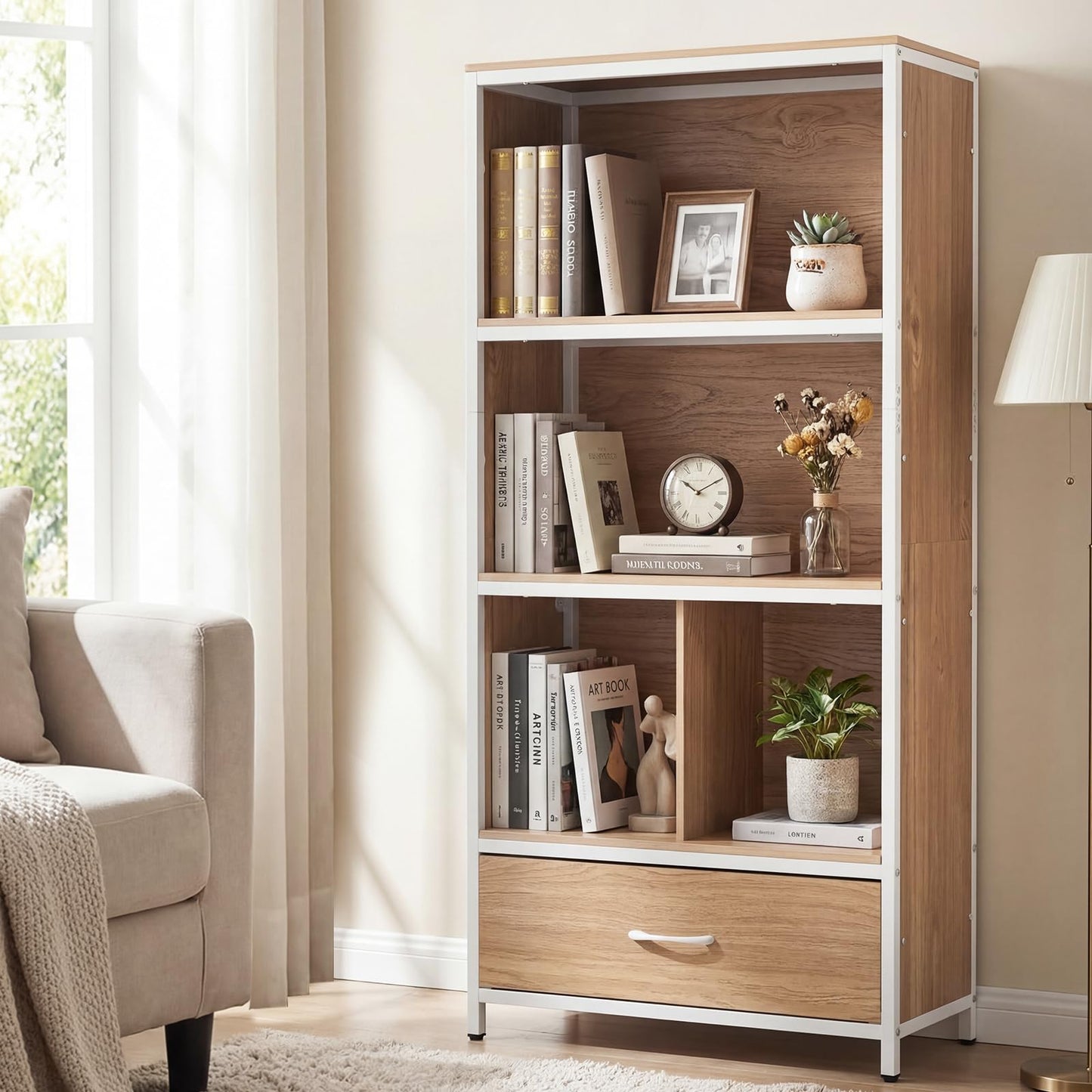 5-Tier Bookshelf, Freestanding Storage Bookcase Cabinet with 4 Storage Compartments