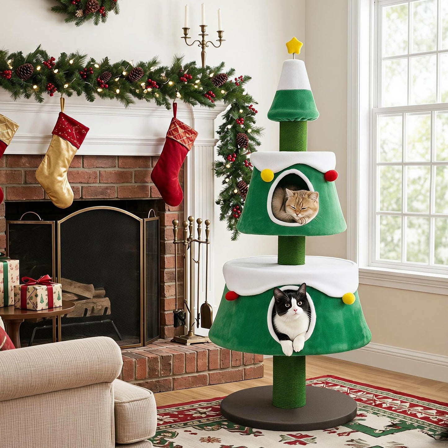 156cm Cat Tree, Christmas Tree Shape Cats Tower with 2 Condos