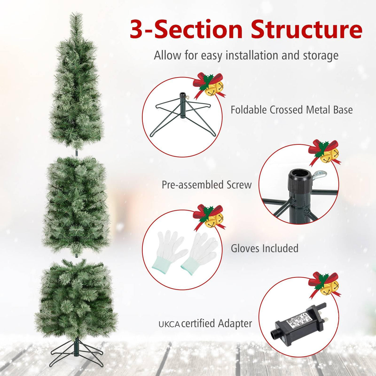 6/7 FT Pre-Lit Pencil Artificial Christmas Tree, Slim Xmas Tree with Branch Tips and LED Lights