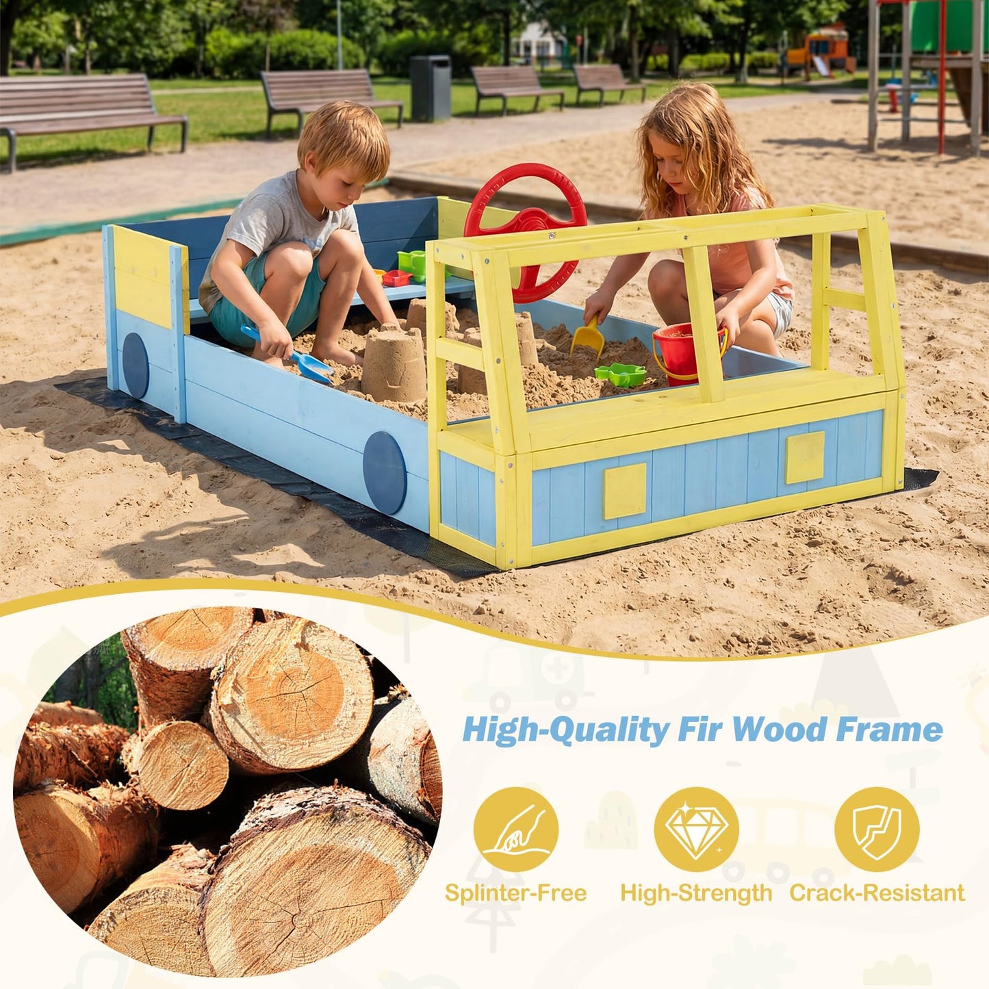 Kids Wooden Sandbox Large Car-Theme Sand Box with Bottom Liner Frame