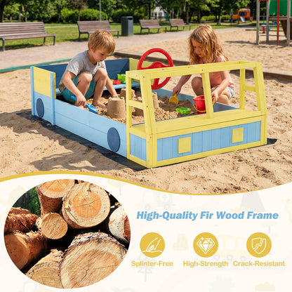 Kids Wooden Sandbox Large Car-Theme Sand Box with Bottom Liner Frame