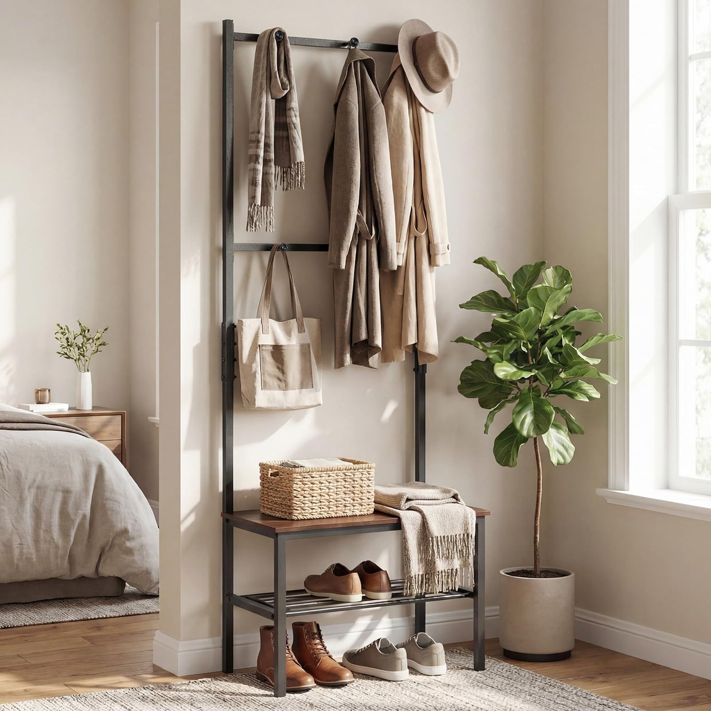 Coat Rack with Shoe Storage Bench, Freestanding Hall Tree Coat Stand with Hooks