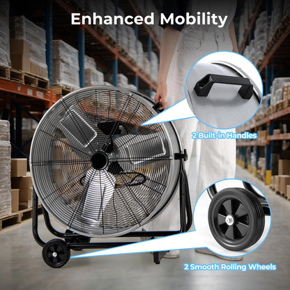 24 Inch Industrial Drum Fan with 360° Adjustable Tilt and 2 Wheels