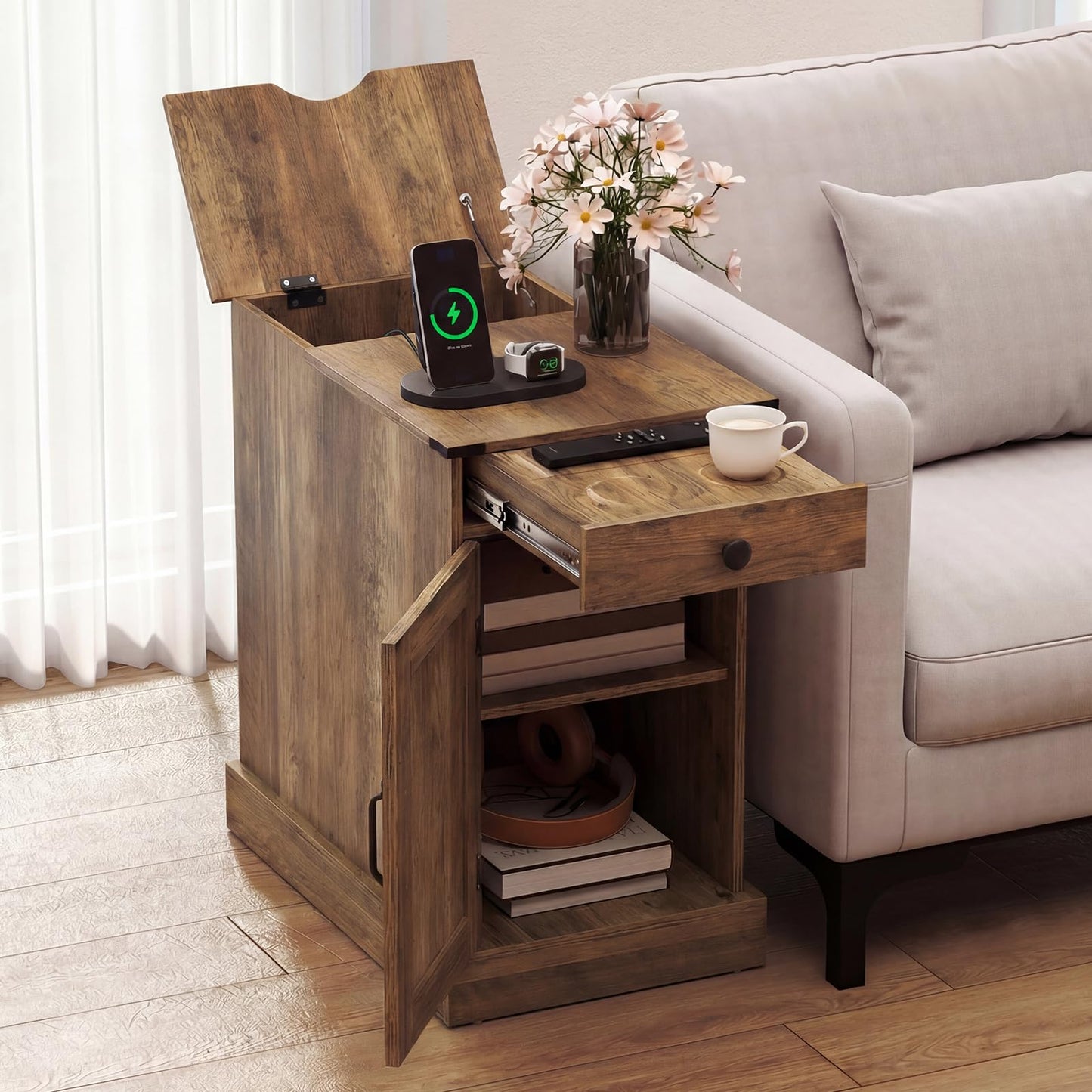 End Table with Charging Station Farmhouse Bedside Table with Storage Drawer