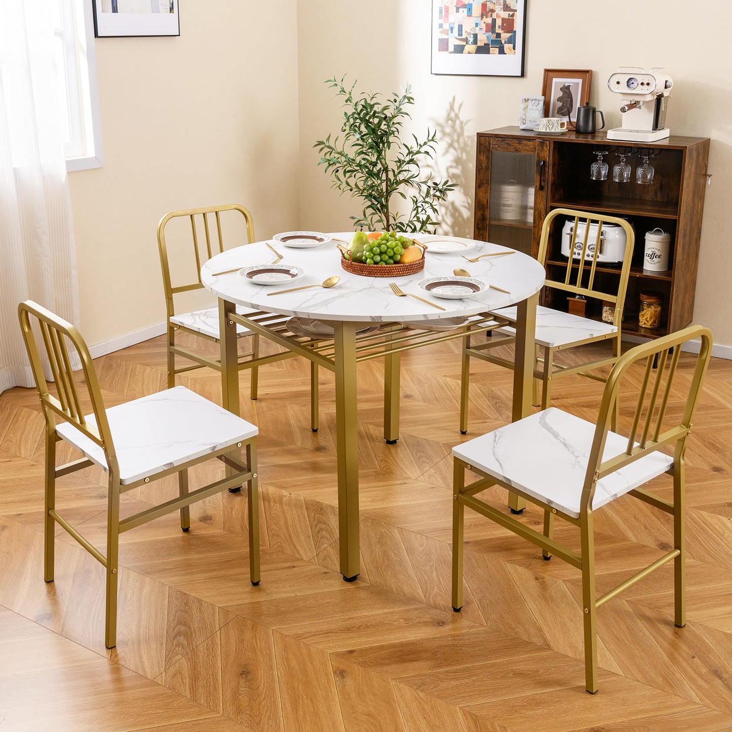 5 Piece Dining Table Set with Storage Rack and Metal Frame for Dining Room