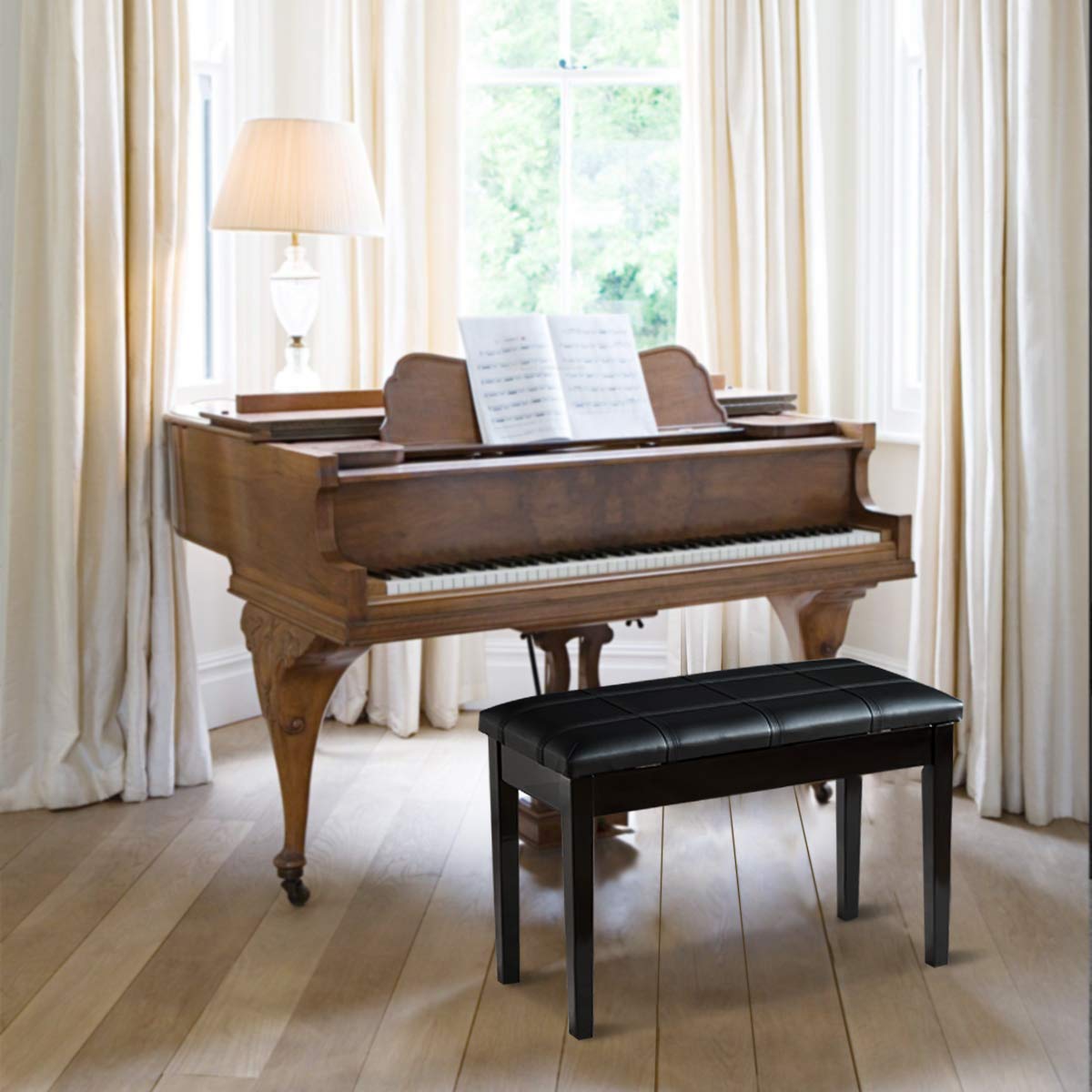 Wooden Duet Piano Bench with Padded Cushion and Music Storage