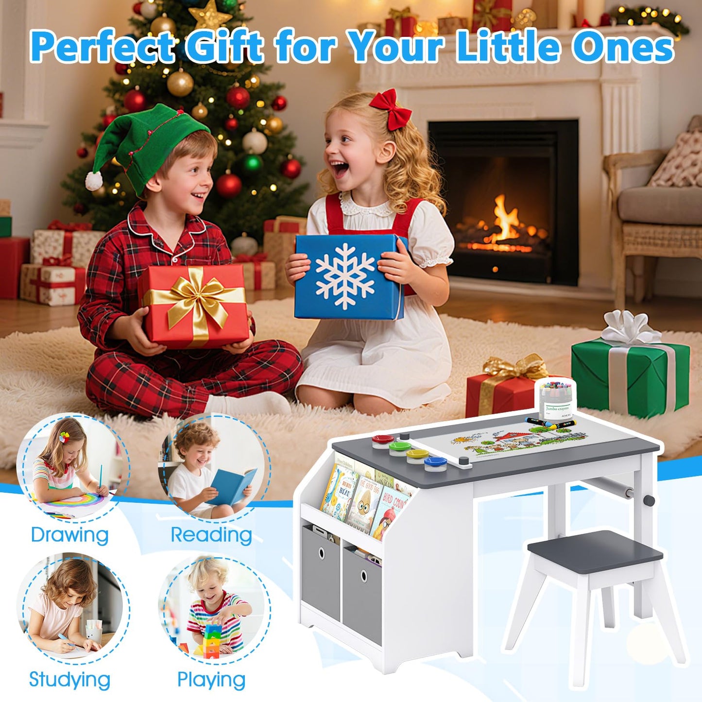 Kids Art Table and Stool Set, Toddler Craft Desk