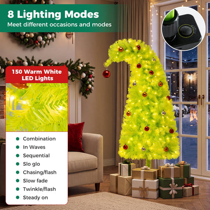 Pre-Lit Christmas Tree, Slim Artificial Xmas Tree with Curved Top Neon Chartreuse PVC Foliage, Warm White LEDs, 8 Light Modes, Pre-Decorated with Baubles, Metal Base for Indoor Use Visit the TANGZ