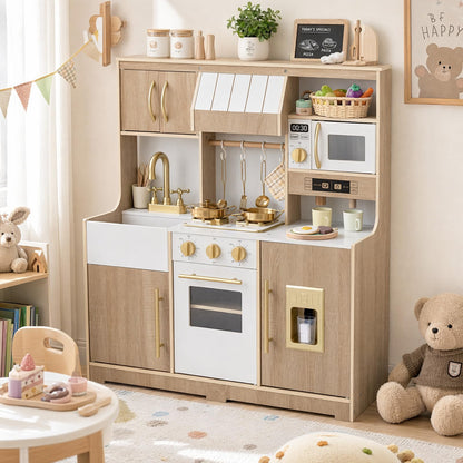 Kids Play Kitchen, Wooden Toy Kitchen with Stoves, Ice Maker, Oven