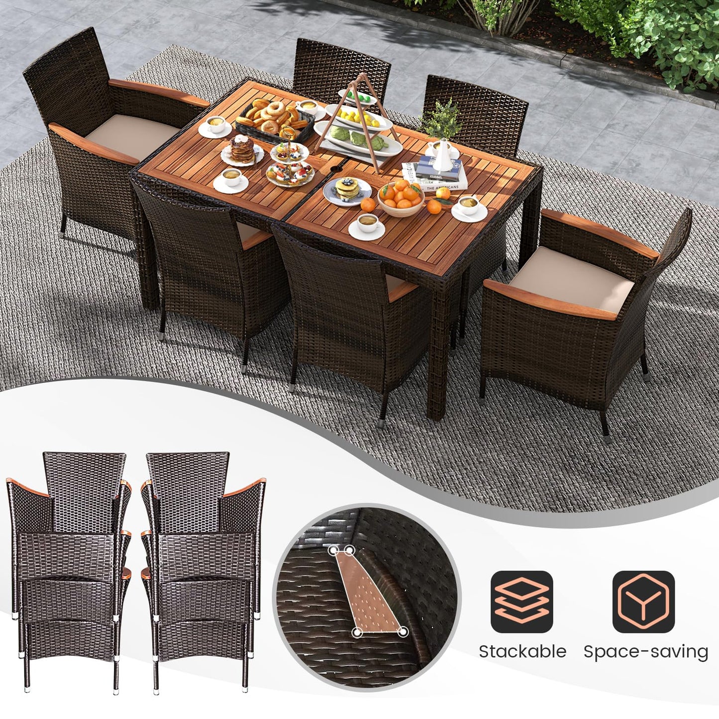 7 Pieces Patio Wicker Dining Set Acacia Wood Table and 6 Stackable Chairs