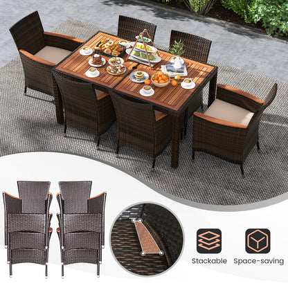 7 Pieces Patio Wicker Dining Set Acacia Wood Table and 6 Stackable Chairs