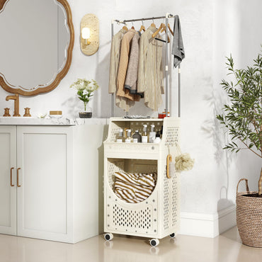 3/4-Tier Laundry Basket Trolley on Wheels, Foldable Laundry Hamper Cart