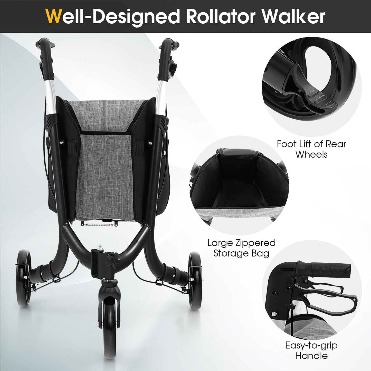 Folding Aluminum Rolling Walker with Zippered Storage Bag and Safe Dual Brake System