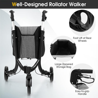 Folding Aluminum Rolling Walker with Zippered Storage Bag and Safe Dual Brake System
