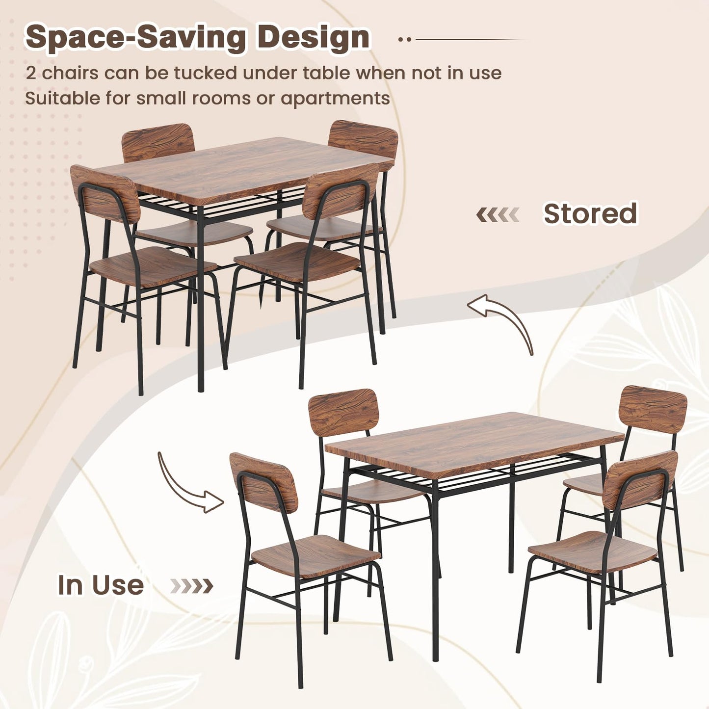 Rectangular Breakfast Kitchen Table Set with 4 Chairs and Storage Rack