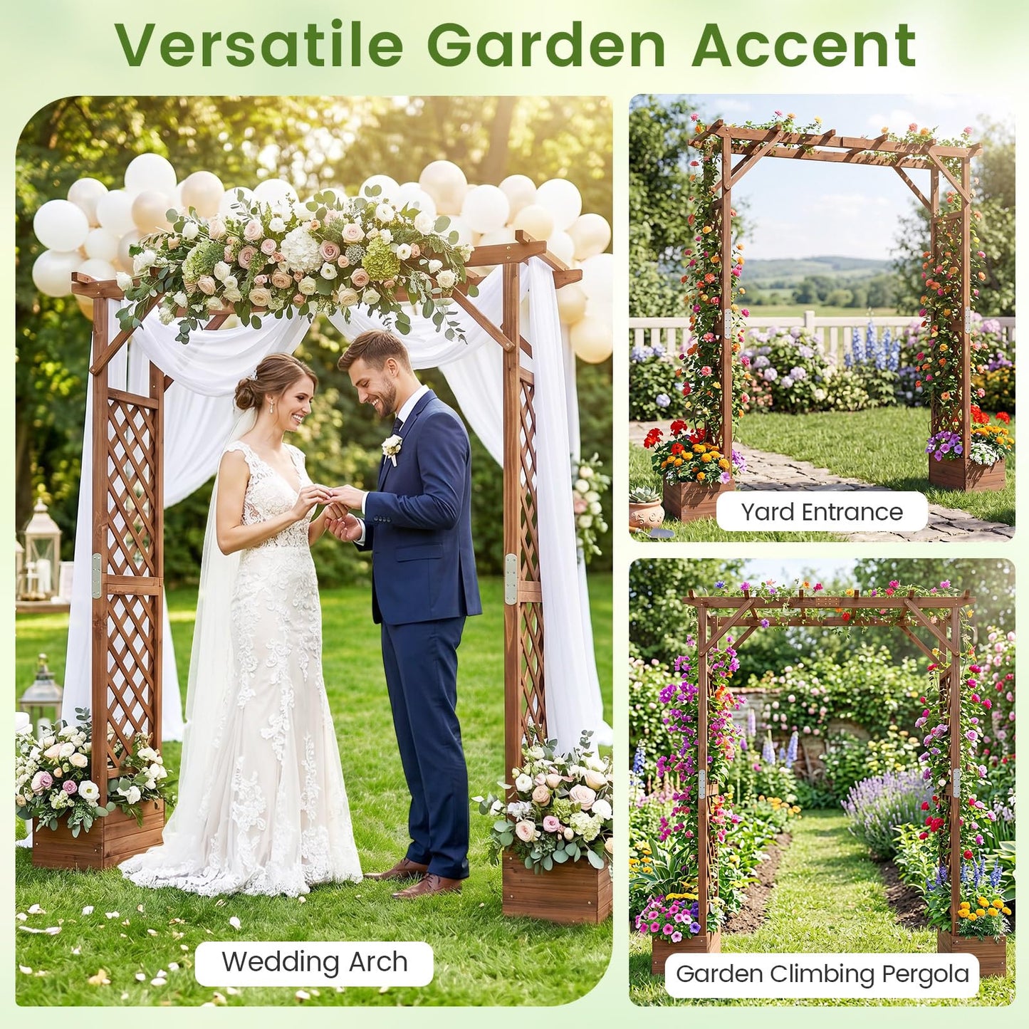 220cm Wooden Garden Arch with Planter Boxes & Hanging Roof