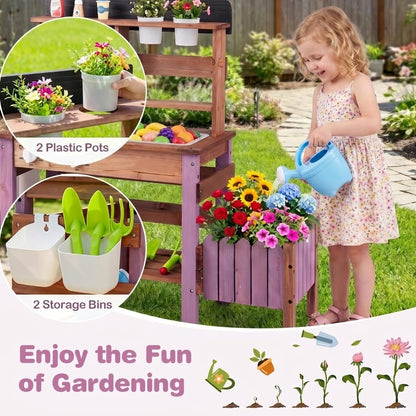 Kids Mud Kitchen, Garden Potting Bench with 2 Planting Pots, 2 Storage Bins, 2 Trowels