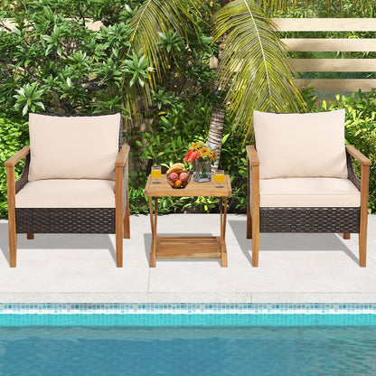 3 PCS Acacia Wood Garden Table and Chairs Patio Sofa Set with Coffee Table and Cushions