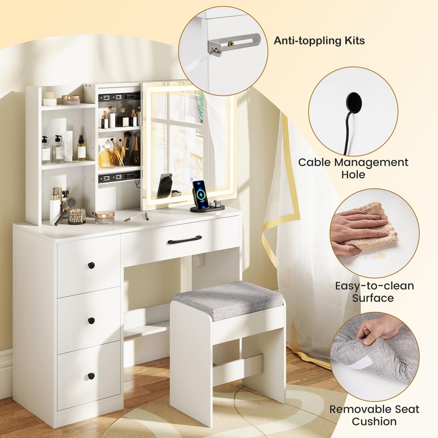 Makeup Table and Chair Set with 4 Drawers and Storage Shelves