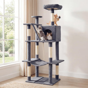 Cat Tree, 158cm Tall Multi-Layer Cats Tower with Plush Top Perch, Cave, Hammock, Sisal Scratching Posts