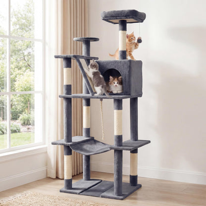 Cat Tree, 158cm Tall Multi-Layer Cats Tower with Plush Top Perch, Cave, Hammock, Sisal Scratching Posts
