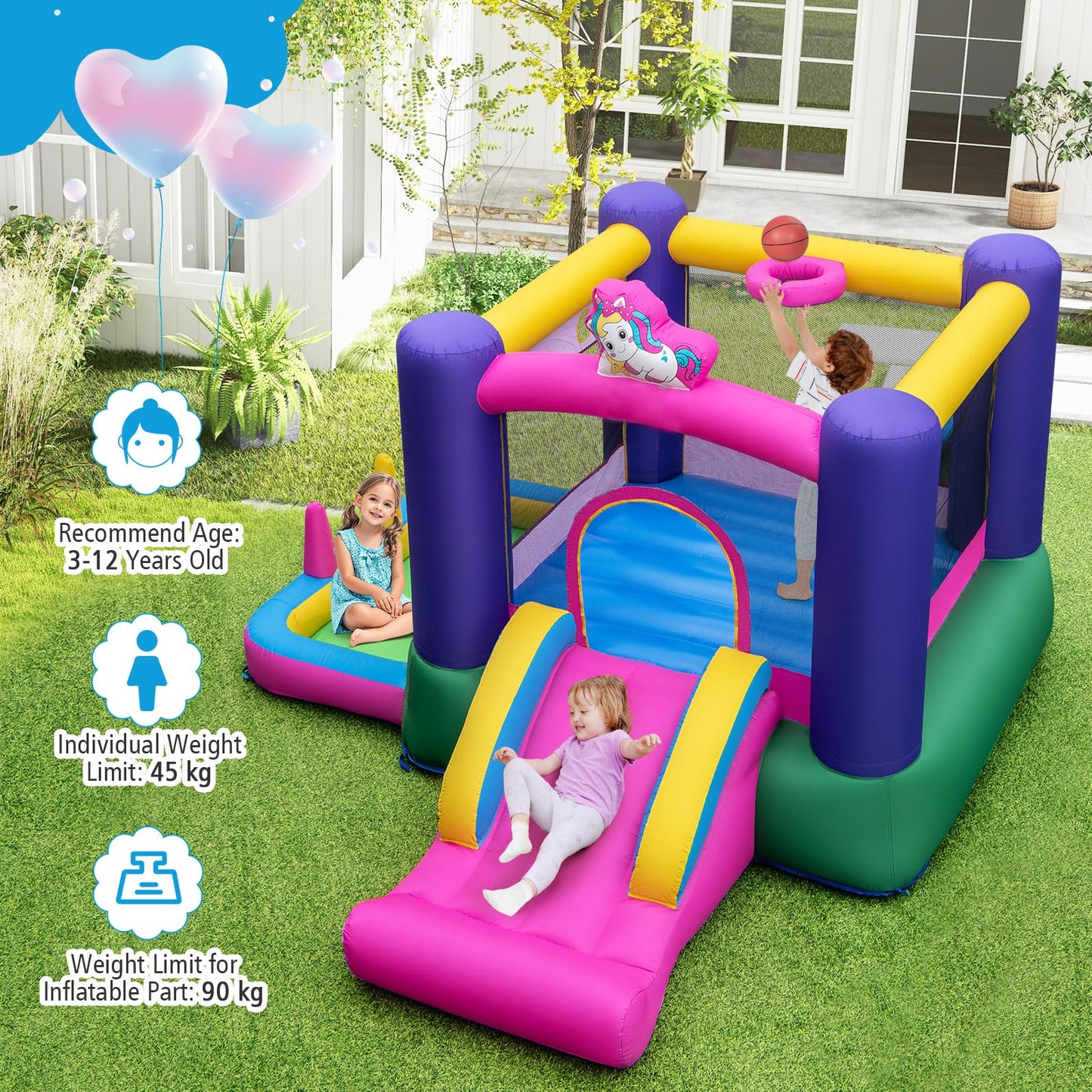 Kids Bouncy Castle, Inflatable Bounce House with Slide, Ball Pit