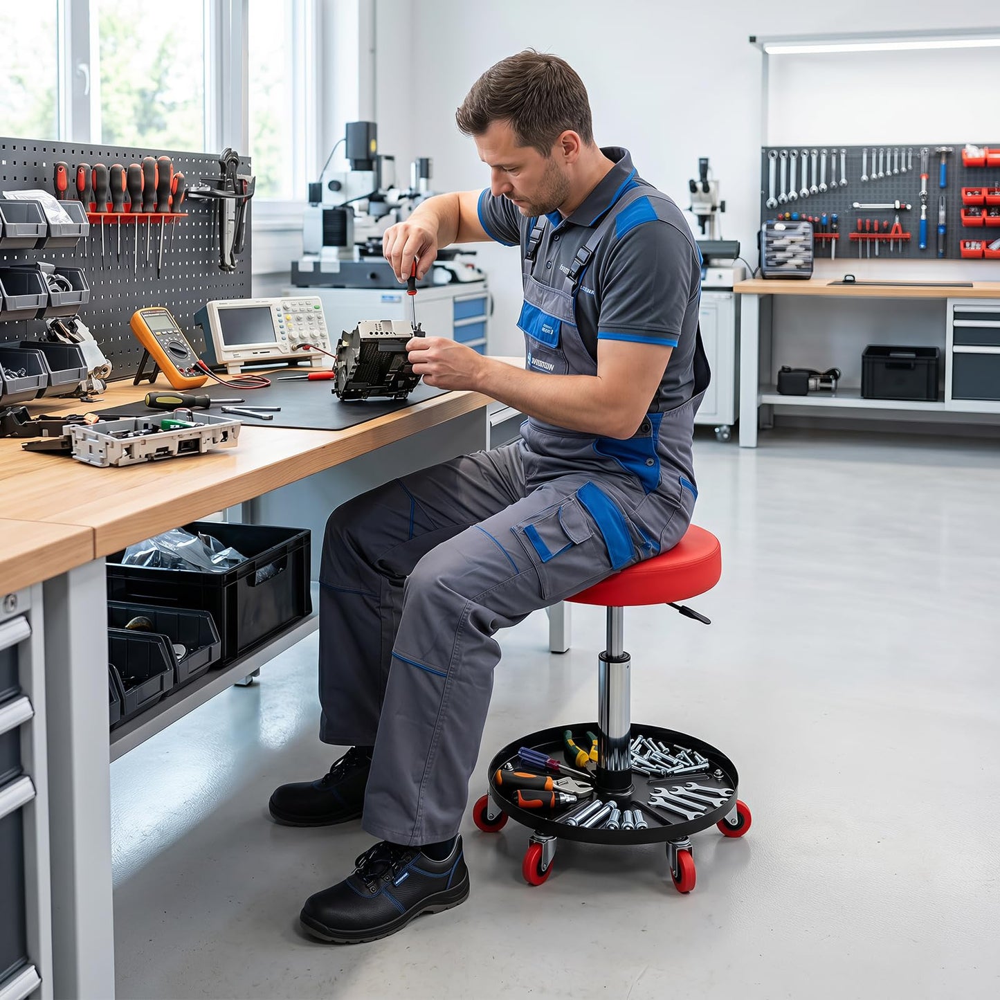 Pneumatic Rolling Mechanic Stool with Tool Tray & Adjustable Height